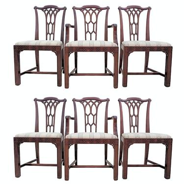 Vintage Set of 6 Chippendale Fretwork Dining Chairs Straight Leg Marked Nashville 