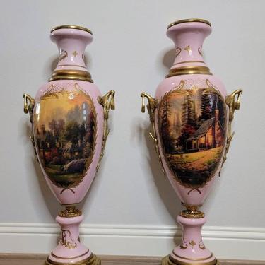 Monumental Antique French Empire Sèvres Style Gilt Bronze Mounted Pink Porcelain Vase Urn Pair - 19th Century 