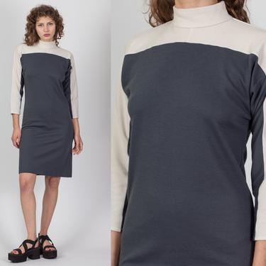 80s Color Block Mockneck Dress - Medium | Vintage Grey &amp; White 3/4 Sleeve Mini Dress 