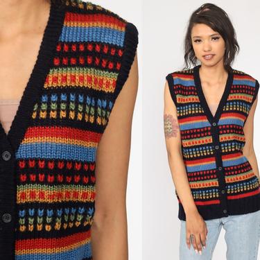 Knit Vest Top 80s Striped Knit Tank Top Button Up Sleeveless Sweater 1980s Retro Striped Vintage Red Blue Black Large 