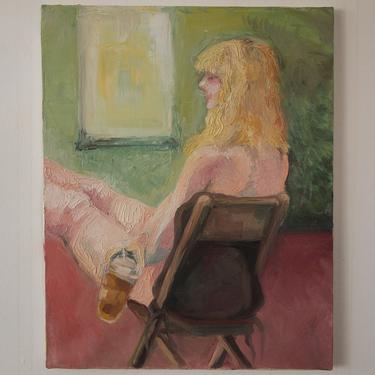 Original Vintage NUDE FEMALE Portrait PAINTING 20x16&quot; Canvas, Woman, Chair, Iced Coffee, Pink Mid-Century Modern Art impressionist eames era 