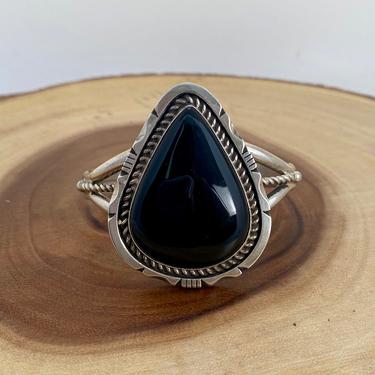 OIL DROP Navajo Silver and Onyx Cuff | Large Statement Black and Sterling Bracelet by ES | Navajo Native American, Boho, Southwestern 