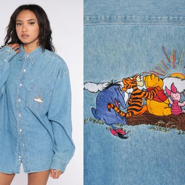 Winnie The Pooh Shirt Vintage Disney Store Shirt Denim Shirt Button Up Long Sleeve 90s Jean Shirt Blue Extra Large xl 