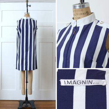 vintage 1960s nautical shift dress • navy blue & white striped cotton I Magnin dress 