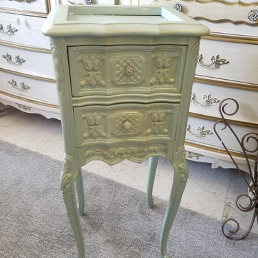 Vintage French Provincial Nightstand Ornate Carved French Provincial  Shabby Cottage Chic Custom Painted Furniture Metallic Shimmer 