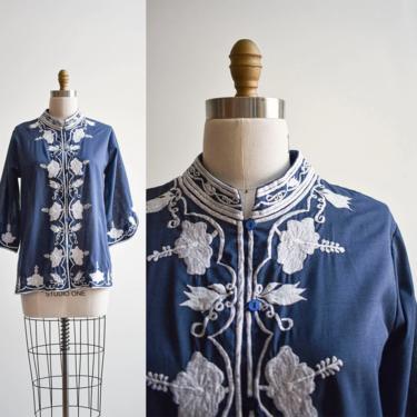 Vintage Navy Blue Embroidered Tunic Blouse 
