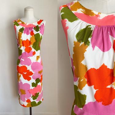 Vintage 1960s Neon Floral Print Nylon Jersey Dress / M 