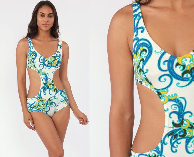 70s Monkini Cut Out Swimsuit One Piece Swimsuit 60s Bathing Suit White Sexy Bombshell Psychedelic From Shop Exile Of Los Angeles Ca Attic