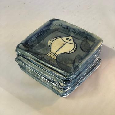 Set of 7 Fabulous Small Vintage Fish Pottery Dishes- Free Shipping 