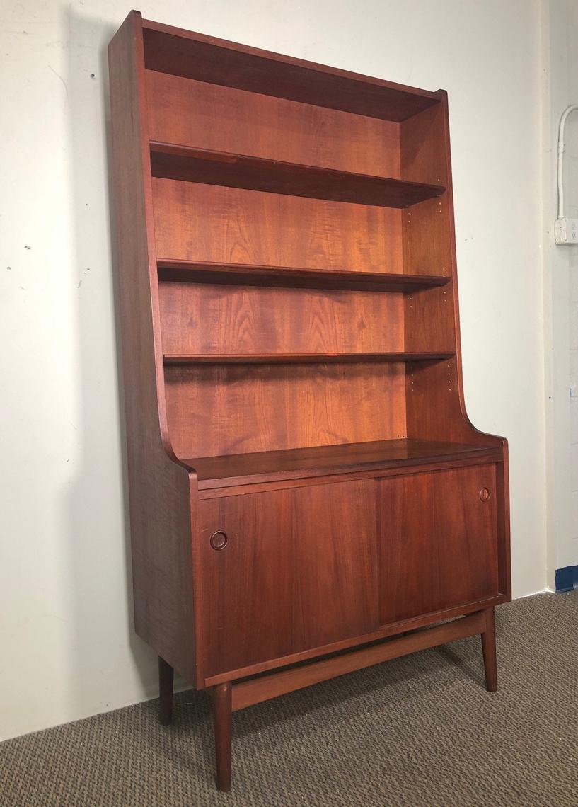 Tall Mid Century Modern Danish Teak Bookcase On Legs With
