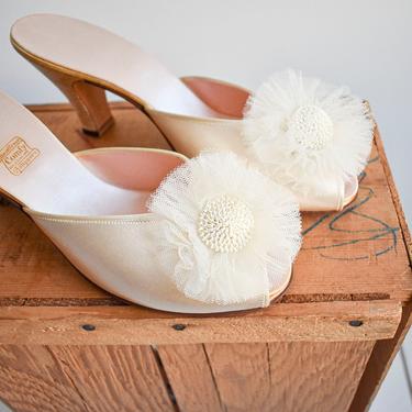 Vintage White Satin Boudoir Slippers by Daniel Green 