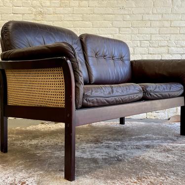 Mid Century Modern CANED + TUFTED Leather SOFA / Loveseat 