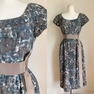 Vintage 1950s Waffle Knit Watercolor Floral Dress / S 