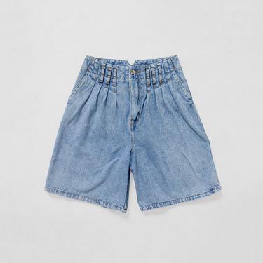 PLEATED DENIM SHORTS Vintage High Waist Rise Light Wash Longline Cotton 90's / 27 Inch Waist / Size 5 - 6 / Small Medium 