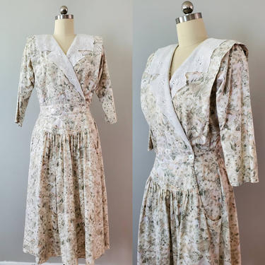 1980s Cotton Dress by Sally Lou 80s  Floral Print Dress 80's Women's Vintage Size Medium/ Large 
