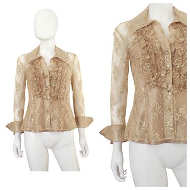 1990s Gold & Silver Lace Blouse - 1990s Ruffle Blouse - 1990s Gold Ruffle Blouse - 1990s Lace Ruffle Blouse - 1990s Blouse | Size Small 