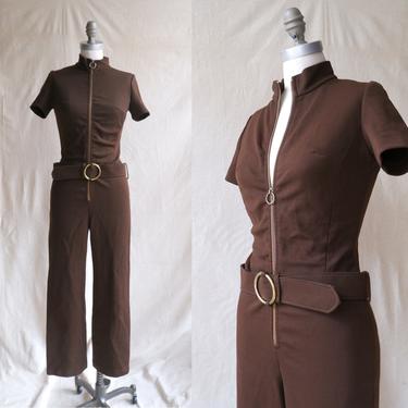 Vintage 70s Chocolate O Ring Jumpsuit/1970s Mod Brown Short Sleeve Coverall/ Size Small 