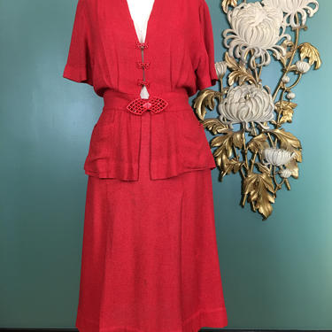 1940s 2 piece set, vintage 40s outfit, skirt and blouse, size large, red burlap set, film noir style, 1940s casual day ensemble, 30 31 waist 