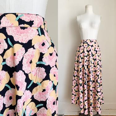 Vintage 1980s Dark Floral Rayon Midi Skirt / XS 