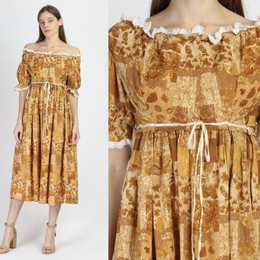 70s Autumn Leaves Boho Prairie Dress - Extra Small | Vintage Lace Trim Puff Sleeve Midi Hippie Dress 
