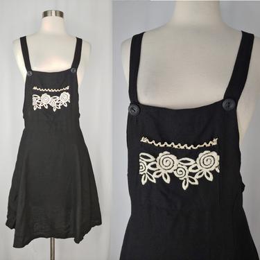 Vintage 90s Black Rayon Linen Blend Embroidered Black Overall Skirt Jumper - XS Nineties Dress 