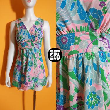 Adorable Vintage 60s 70s Pastel Pink Blue Green Floral Mini Nylon Dress 