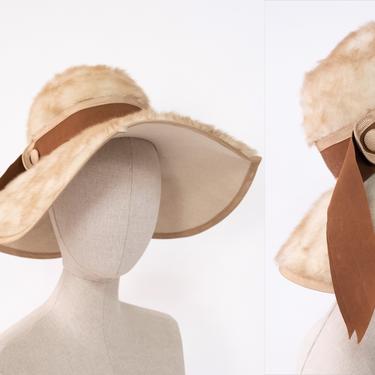 Vintage 60s Leslie James for Bullocks Wilshire Rabbit Fur & Wool Felt Floppy Bill Hat | Made in France | 1960s Designer Wide Brim Fur Hat 