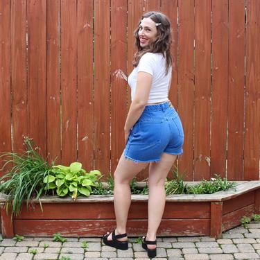 Vintage 1990s Express Jean Shorts - High-Rise Cut-Offs Cotton Blue Denim Booty Shorts - M 