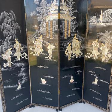 Stunning Vintage Chinese Folding Floor Screen with Loads of Mother of Pearl, Carved Bone, Hand Painted Accents, Geishas, Dragons, Landscapes 