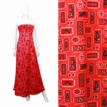 1970s Western Novelty Print Maxi Dress - 1970s Cowboy Novelty Print Dress - 1970s Gun Novelty Print Dress - 70s Red Maxi Dress | Size Small 