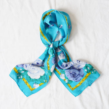 Oscar de la Renta Blue Rose Silk Scarf / Necktie | Vintage 1990s Silk Scarf 