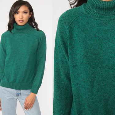 Turtleneck Sweater Flecked Green Cotton Sweater 90s Pullover Turtle Neck Raglan Sleeve Sweater Vintage Retro Plain Small 
