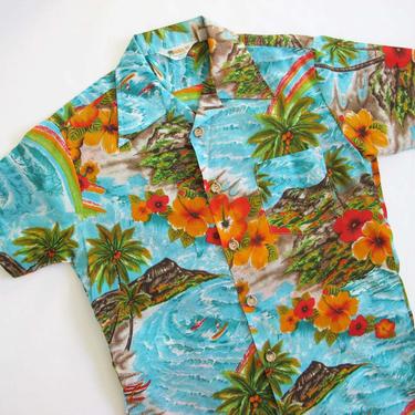 Vintage 70s Hawaiian Shirt Medium - Polyester 1970s Rainbow Tropical Print Tiki Shirt - Hibiscus Floral Palm Tree Aloha Shirt 