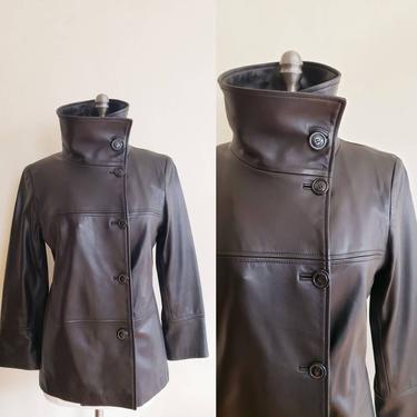 Vintage Cole Haan Black Leather Jacket Button Down / Designer leather High Collar / S 