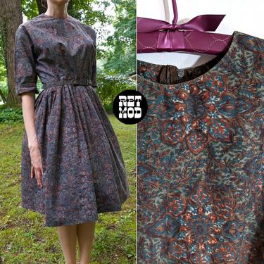 Sweet Vintage 50s Dark Patterned Fit &amp; Flare Cotton Dress 