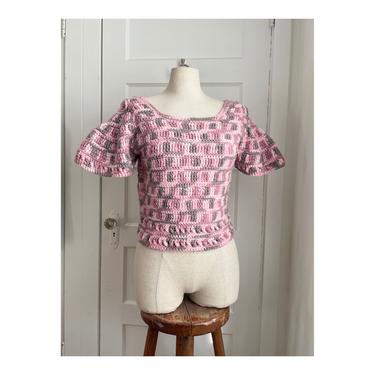 1970s Handmade Pink Crochet Top with Statement Sleeves- size med 