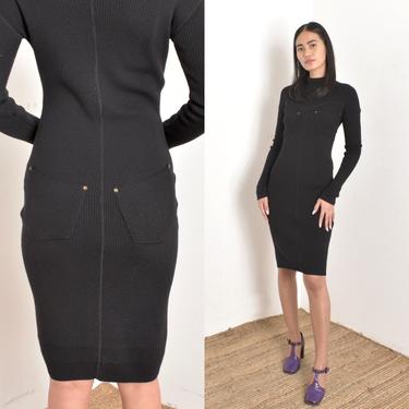 Vintage 1990s Dress / 90s Ribbed Knit Dress with Riveted Pockets / Black ( S M ) 