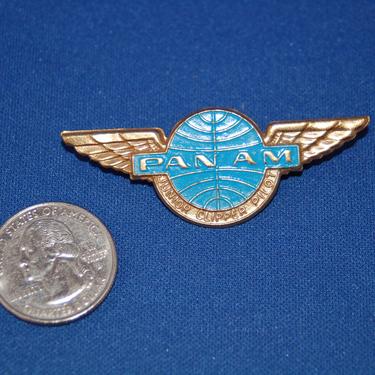 1950's Pan Am Airlines Metal Junior Clipper Pilot Souvenir Wings Pin ~  Gold Tone w/ Blue Metal Junior / Jr. Pilot Souvenir Child's Wings 