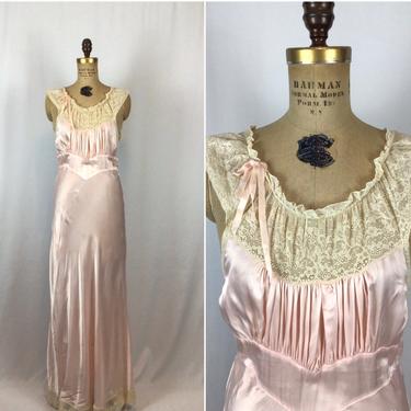 Vintage 40s nightgown | Vintage pink silk lace nightdress | 1940s Lady Leonora full length bias cut negligee 