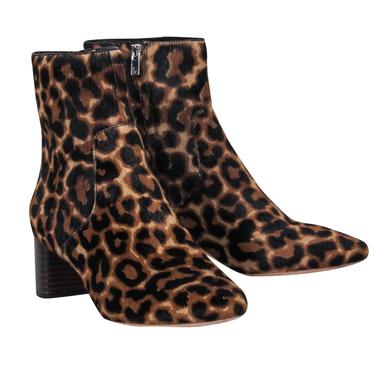 Loeffler Randall - Tan &amp; Black Leopard Print Calf Hair Block Heel Booties Sz 6.5