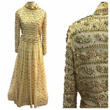 Vintage 70s Harvey Berin Beige Gold Beaded Rhinestone Semi Sheer Paisley Brocade Gown 