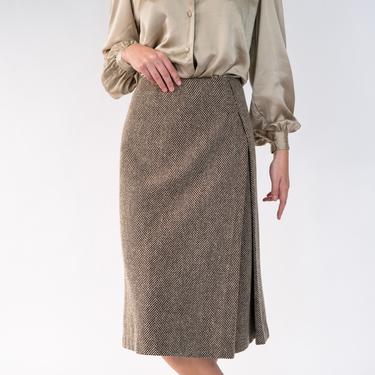 Vintage 90s Max Mara Gray & Black Herringbone Wool Faux Wrap Midi Skirt w/ Box Pleat | Made in Italy | 1990s Italian Designer Boho Skirt 