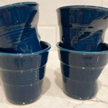 Set of 4 Rare Revol Froisses France Cappuccino / Expresso Crumpled Tumblers Marine Blue by LeChalet