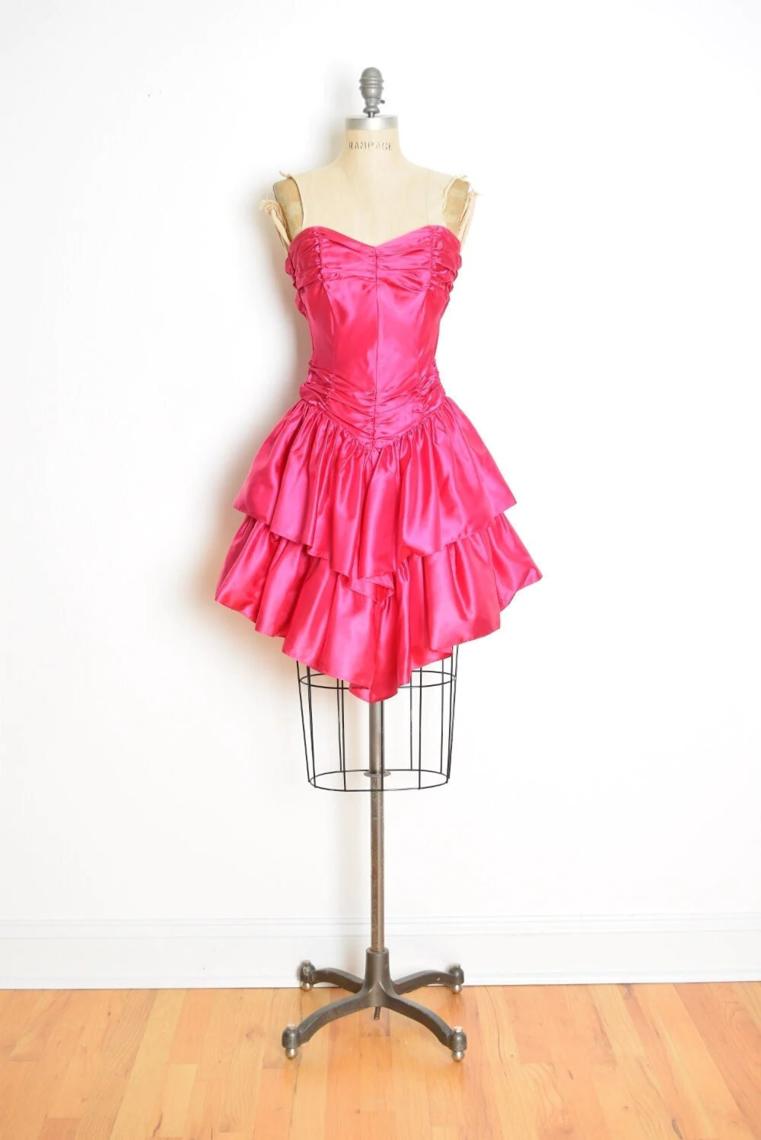 vintage 80s prom dress pink satin strapless tiered party cocktail Hunca Munca Vintage Chicago IL