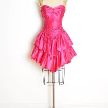 vintage 80s prom dress pink satin strapless tiered party cocktail mini short XS clothing 