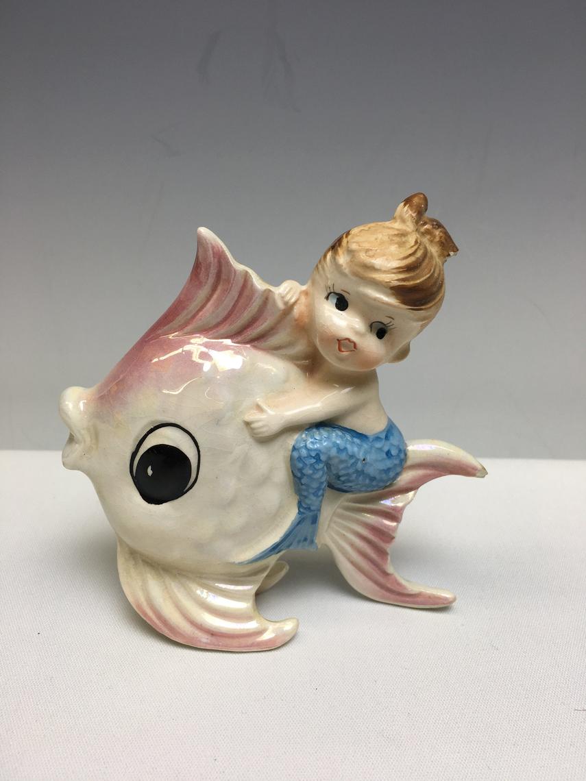 Vintage Ceramic Mermaid Riding Fish Figurine Norcrest Japan