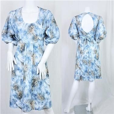 1970's Blue Skies and Wild Flower Print Baby Doll Prairie Dress I Key Hole Back I Sz Med 