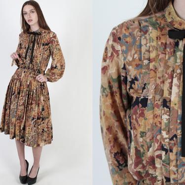 Vintage 80s Albert Nipon Dress / Autumn Floral Country Bow Tie Dress / Autumnal Earth Tone Pleated Skirt Mini Midi Dress 