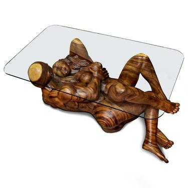 Massive Hand Carved Monkey Pod Exotic Hardwood Lovers Embrace Coffee Table 