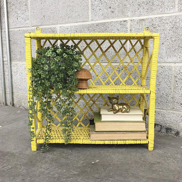 Wicker Rack Retro 1980s Bohemian + Yellow + Two Tier + Woven Design + Open Shelving and Display + Home and Wall Decor + Plant Stand 
